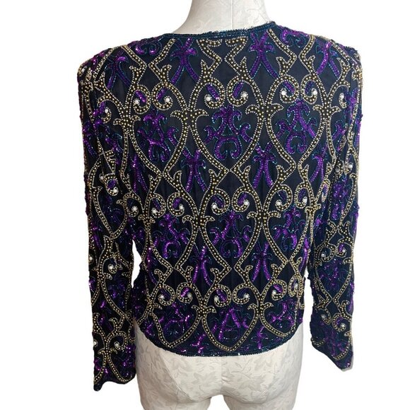 Laurence Kazar Vintage Womens Jacket Size Small Black Sequin Beaded Pure Silk - Picture 2 of 8